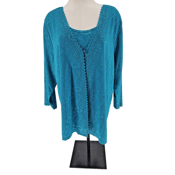 Pink Collection Woman's Teal One Piece Tank Cover-up Size 2X Scallop Edge Button - Picture 4 of 8